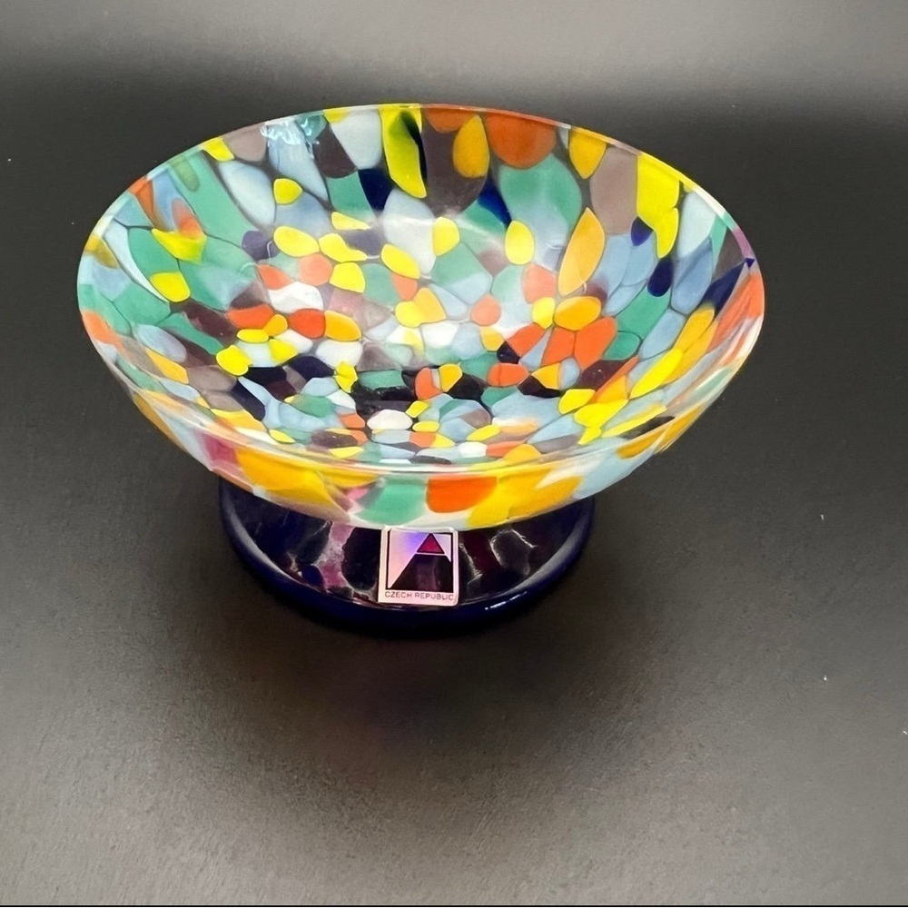 Opus Crystal Czech Republic Confetti designed small bowl with a cobalt stand